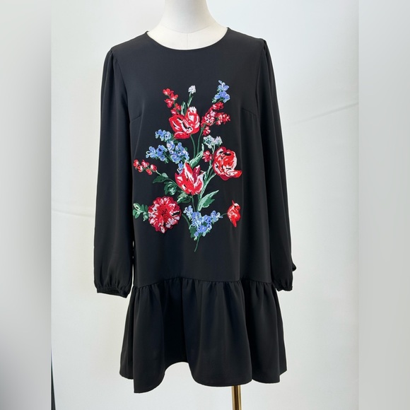 Express Mini Black Long Sleeves Dress with Floral Embroidery Size M - Picture 1 of 13